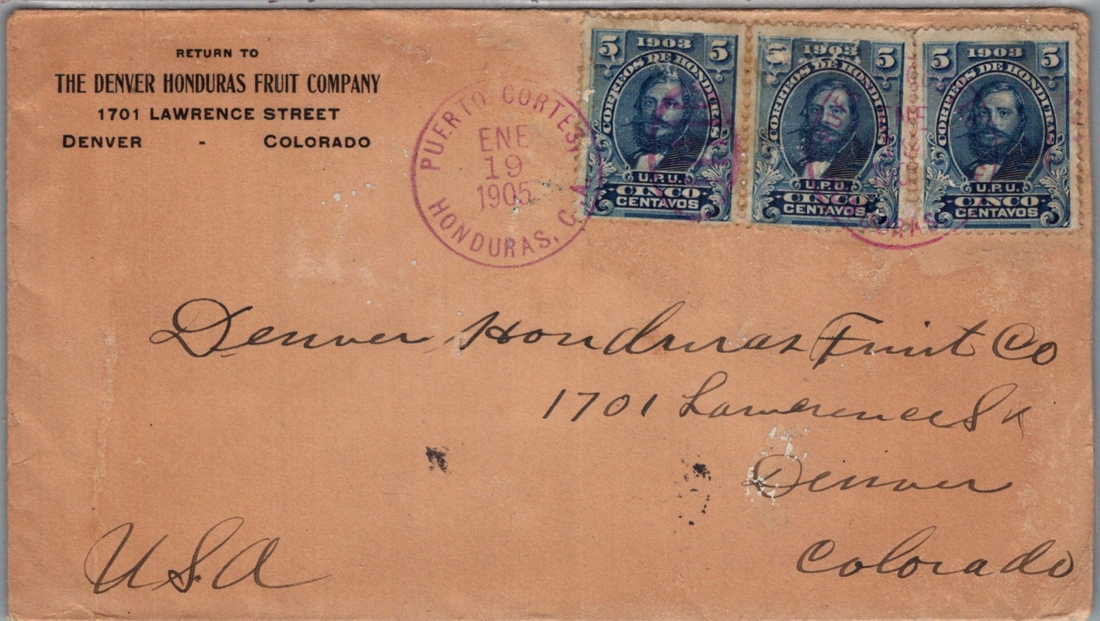 HONDURAS 1905 POSTAL HISTORY COVER MULT FRANK ADDR USA & POSTMARK ...