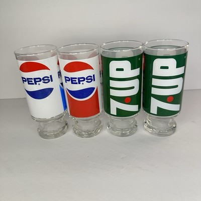Pepsi 7UP Glasses Set of 4 Vintage Soda Logo Drinking Glasses