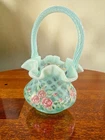 Fenton Uranium Glass Basket Hand Painted Roses Opaline Swirl Trellis Signed 8"