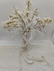 ANTIQUE LINEN LILY of the VALLEY,WAX FLOWERS PEARLY w/RHINESTONES BRIDAL BOUQUET