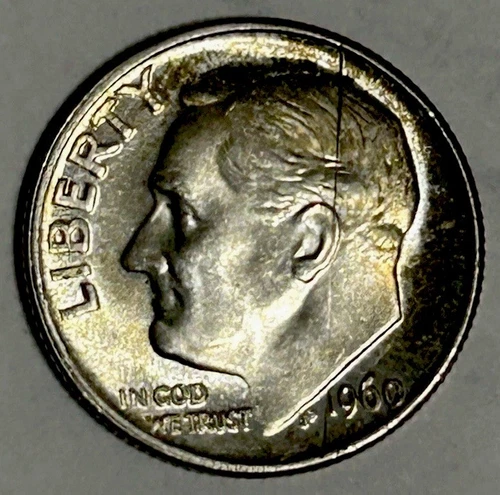 1960 P Roosevelt Dime 90% Silver LARGE DIE CRACK Across  Face GEM BU Nice Luster