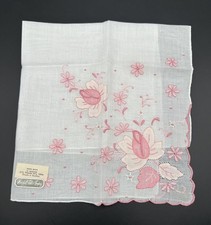 Vintage Marshall Field  Company Handmade Madeira Pink Flower Handkerchief 13"