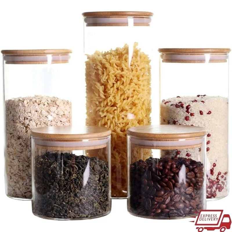 Airtight Glass Canister Set Food Storage Jars Kitchen Containers W/ Wooden Lids