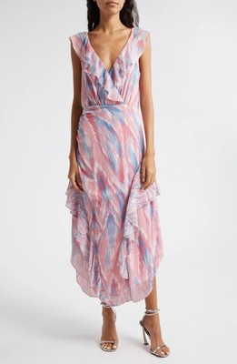 Ramy Brook Anika Women's Ruffle V-Neck Chiffon Midi Dress Vintage Pink Size 4