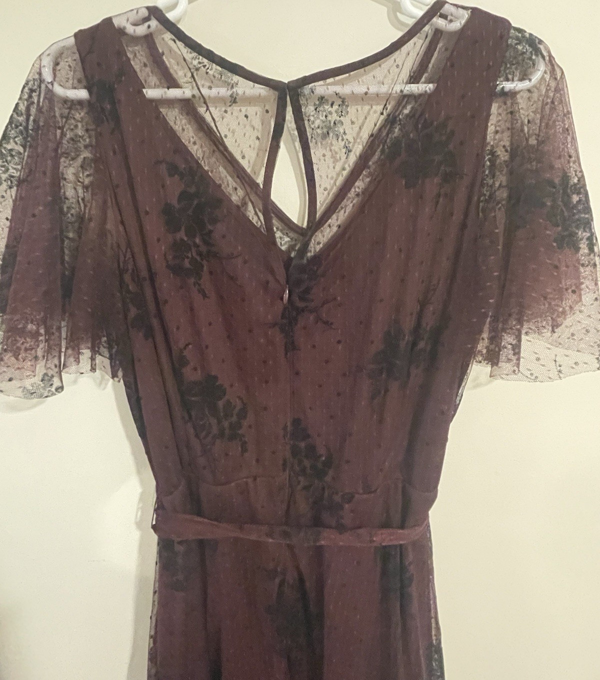 Lane Bryant Burgundy Floral Mesh Long A-Line Dress Size 14 Tie Ruffle V-Neck