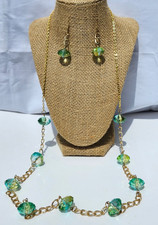 New Necklace Set with Earrings Green beads and gold toned metal