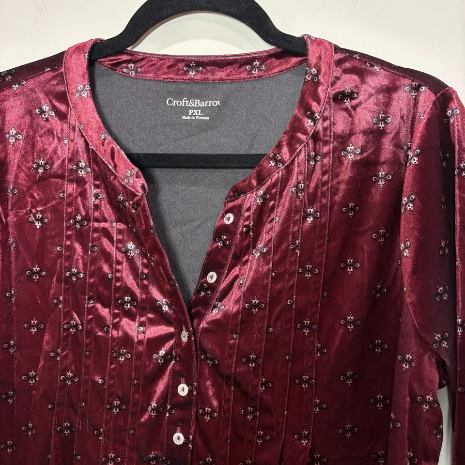 Топ женский Croft & Barrow размер XL миниатюрный бордовый бархат с цветочным узором пейсли Henley богемное - Изображение 4 из 4