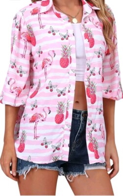 Hawaiian Pink♡ ZXZY Womens XXL Hawaiian Button Up Shirt Pineapple Flamingo