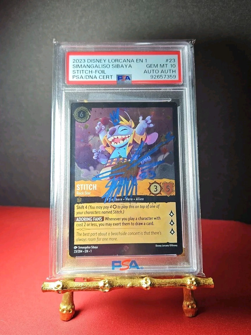 Disney Lorcana Rare Simbaya TCG Rock Star Stitch 23/204 Holo Foil Auto PSA  10