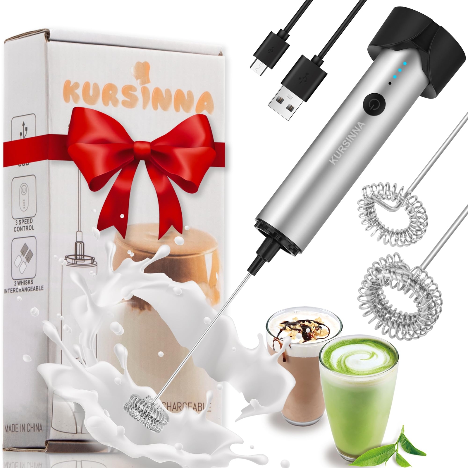 [Upgraded] Powerful Rechargeable Milk Frother Handheld with 3 Speed, USB-Char...