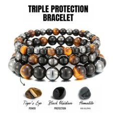 Obsidian Tiger Eye Hematite Bracelet Triple Protection Bangle Women Men Jewelry