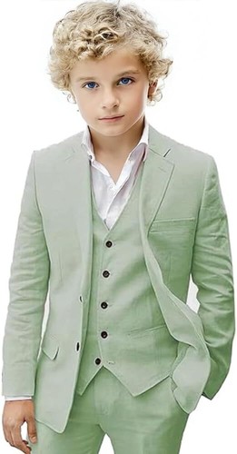 Boy Suit 3 Pieces Summer Suit Linen Kids Blazer Vest Pants Set Beach Wedding - Picture 35 of 39