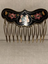VTG CLOISONN HAIR COMB. GOLD TONE W/ENAMEL BUTTERFLY FLOWERS
