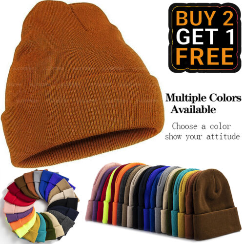 Beanie Hat Cap Plain Knit Ski Skully Cuff Winter Warm Slouchy Men Women Solid CF - Afbeelding 1 van 40