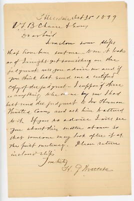 Horace G Westlake Handwritten Hillsdale NY 1899 Mr Thomson Worcester Co FB Chase