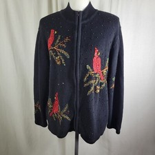 VTG Heirloom Collectibles Womens Sweater Cardigan Zip Christmas Cardinals Size L