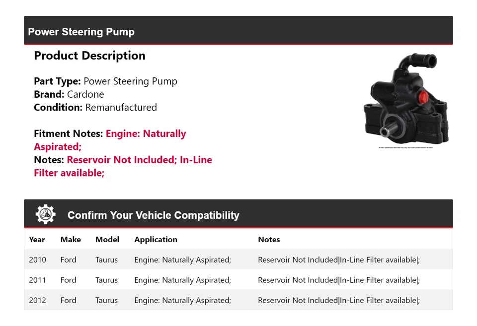 Насос гидроусилителя руля для Ford Taurus 2010-2012 годов выпуска атмосферный Cardone 2011 - Изображение 2 из 4