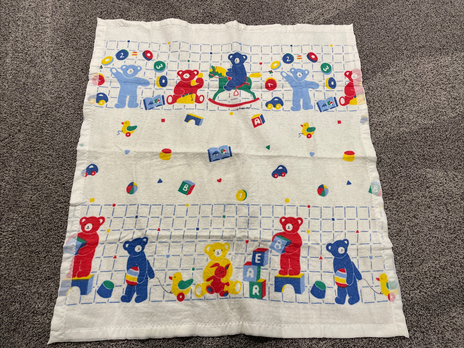 Vintage Acrylic Toys Baby Blanket Made In USA White Satin Edge Crib