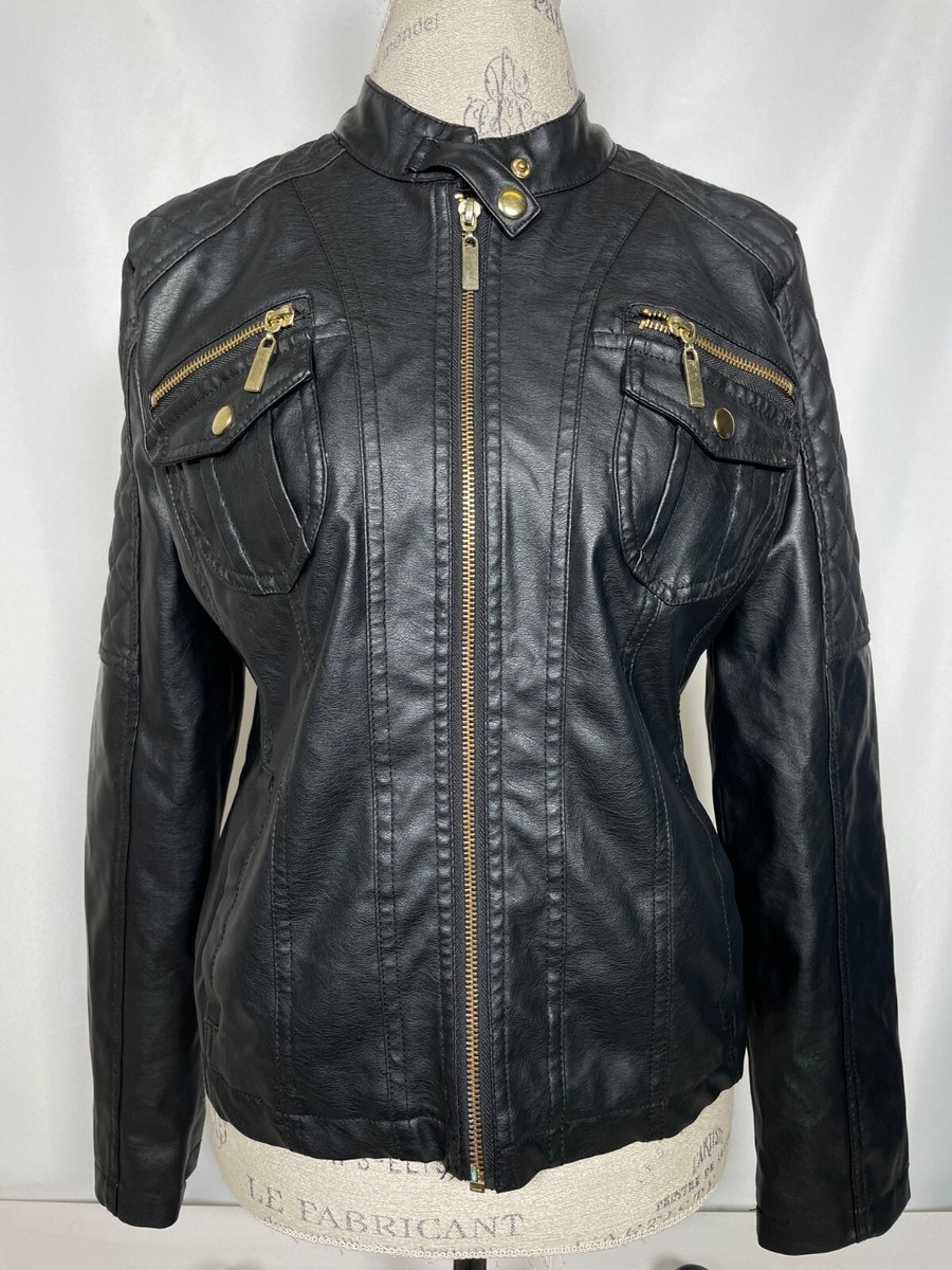 Miss Selfie Black Faux Leather Motorcycle Jacket Full Zip Women's