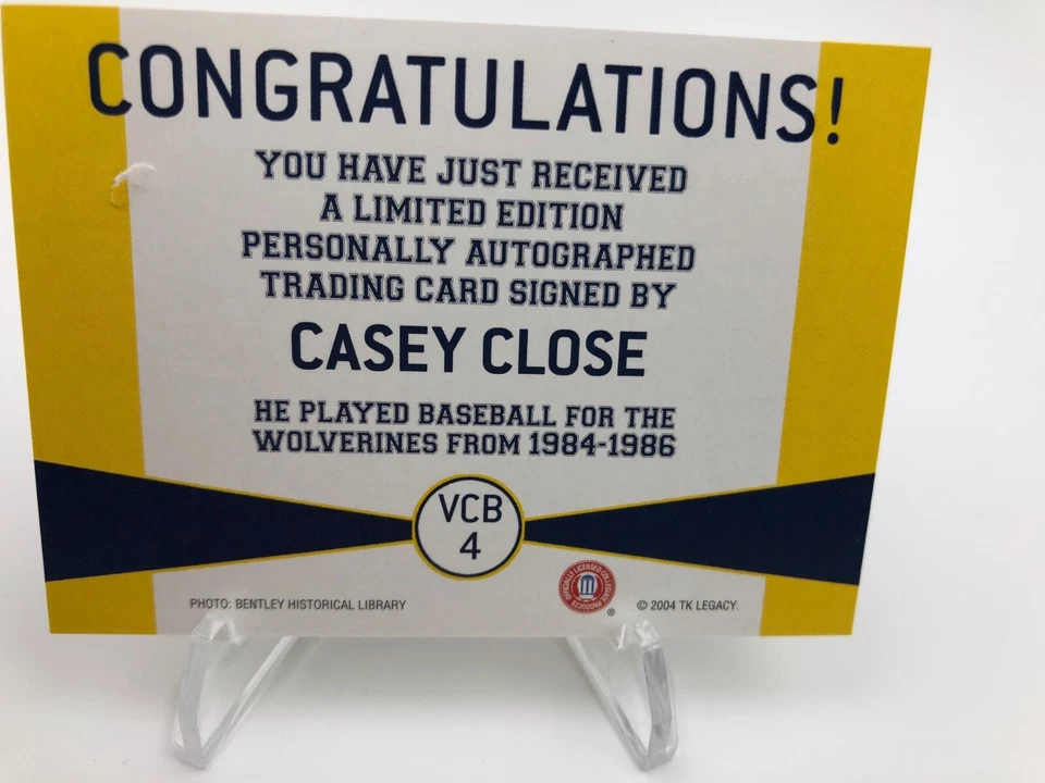 TK Legacy CASEY CLOSE AUTO Baseball VARSITY CLUB VCB4 Signed Card MICHIGAN  *** - Image 3 of 4