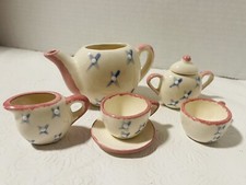 Vintage Childrens Tea Set: Ceramic Teapot, Cups Saucer, Sugar  Creamer