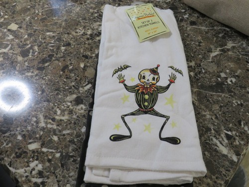 NEW Johanna Parker DANCING SKELETON Halloween Set 2 Kitchen Towels 100% Cotton
