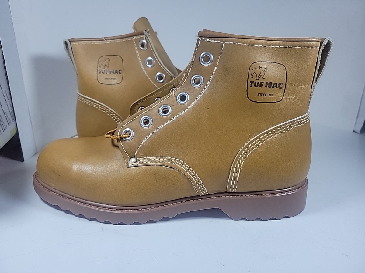 Vintage 80s work boots Tuf Mac steel toe tan lace up 9 with