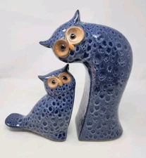 Pier 1 Imports Mom & Baby Owl Owlet Ceramic Bookends Set Navy Blue Grey Spotted