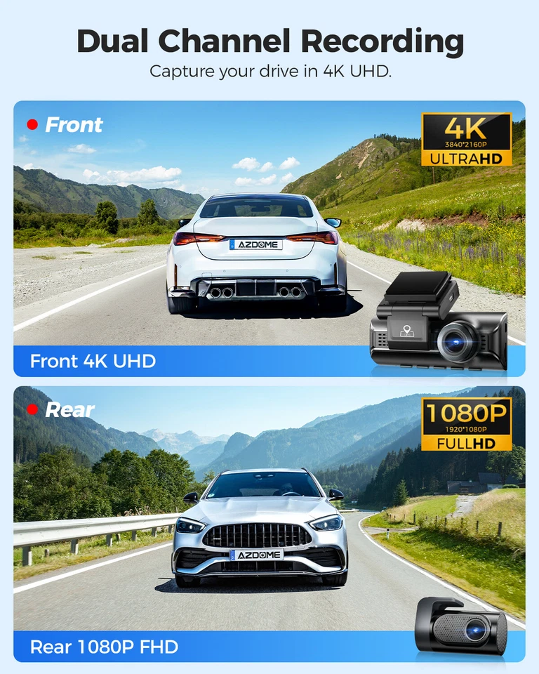 AZDOME 4K+1080P+1080P 3Channel Dash Cam 3.19"IPS 5GHz WiFi GPS Dual Parking Mode - image 3 of 4