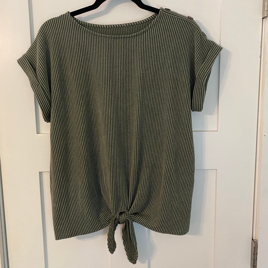Olive Green Striped Ribbed Front Tie Top with Shoulder Buttons Short Sleeve Boho