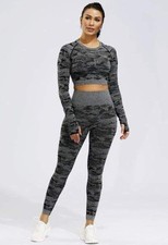 3 Piece High Waisted Camo Yoga Gym Fitness Bra Legging Long Sleeve Top Gray Set