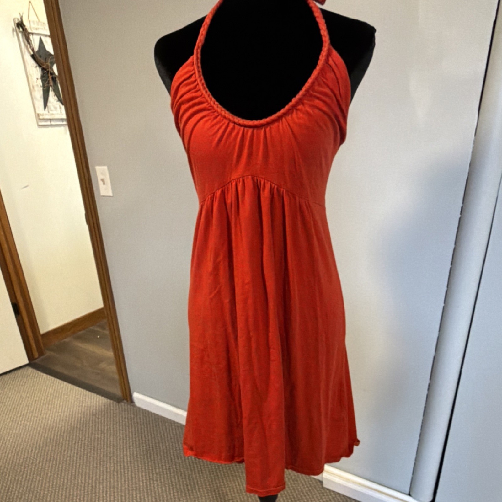 Bra Tops Red Cotton Knit Halter Sleeveless Knee Length Tie Dress Size S