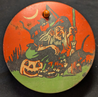 Vintage Tin Halloween Themed Wood Ratchet Noisemaker/Witch Blackcat 4 in.