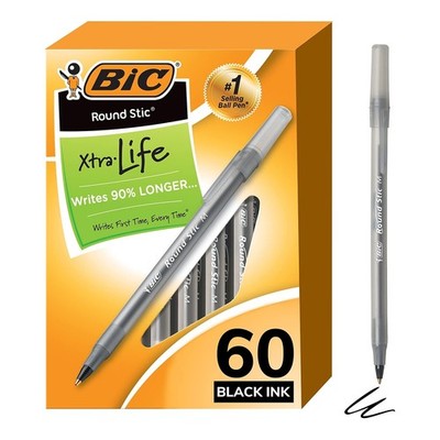 BIC Round Stic Xtra Life Ballpoint Pen, Medium 60 Count (Pack of 1), Black 