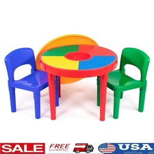 2-in-1 Round Activity Table W/ Storage  2 Chairs Building Blocks Play New