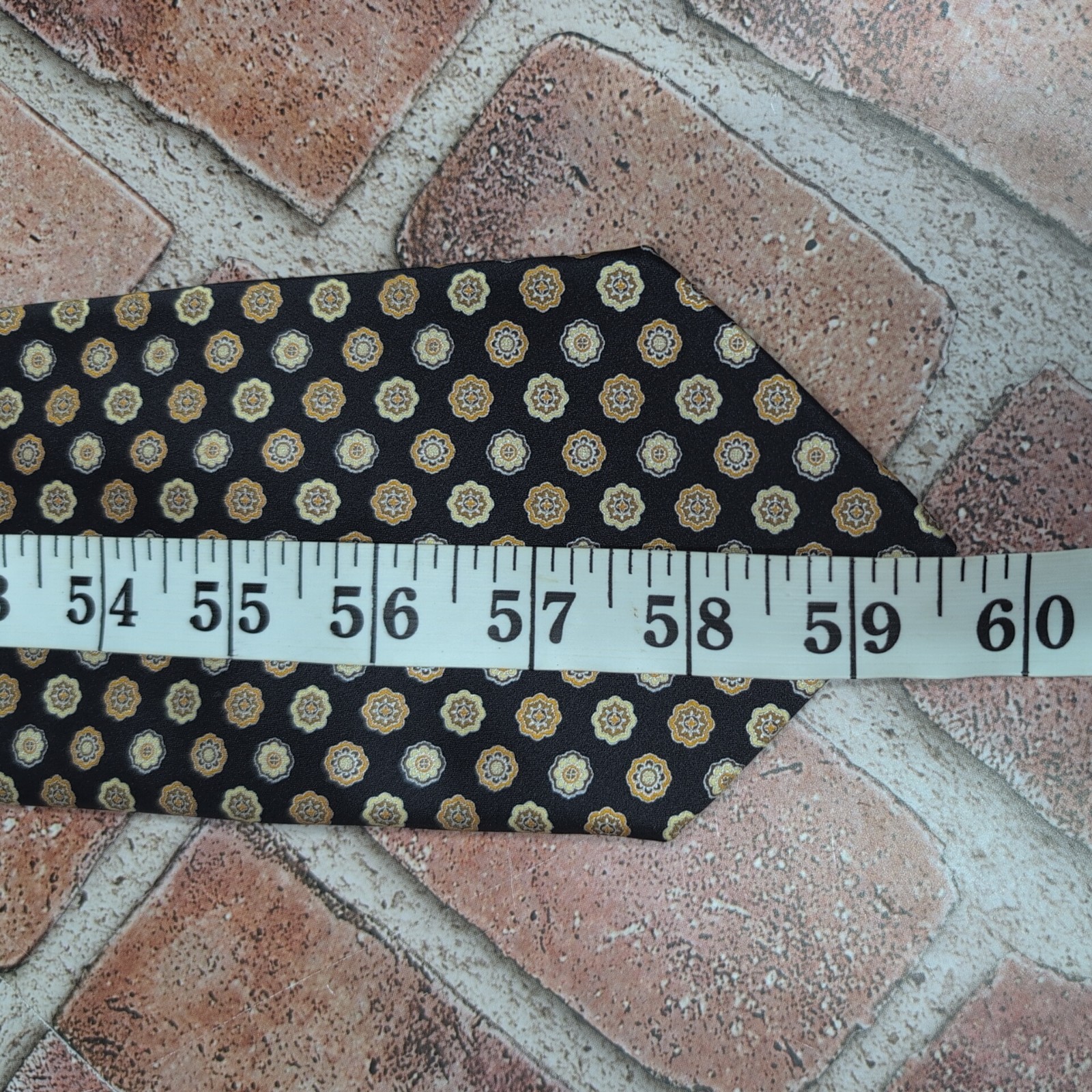 BRIONI Italian Silk Tie Golden Medallion On Black Printed 3 5/8" X 59 1/2"