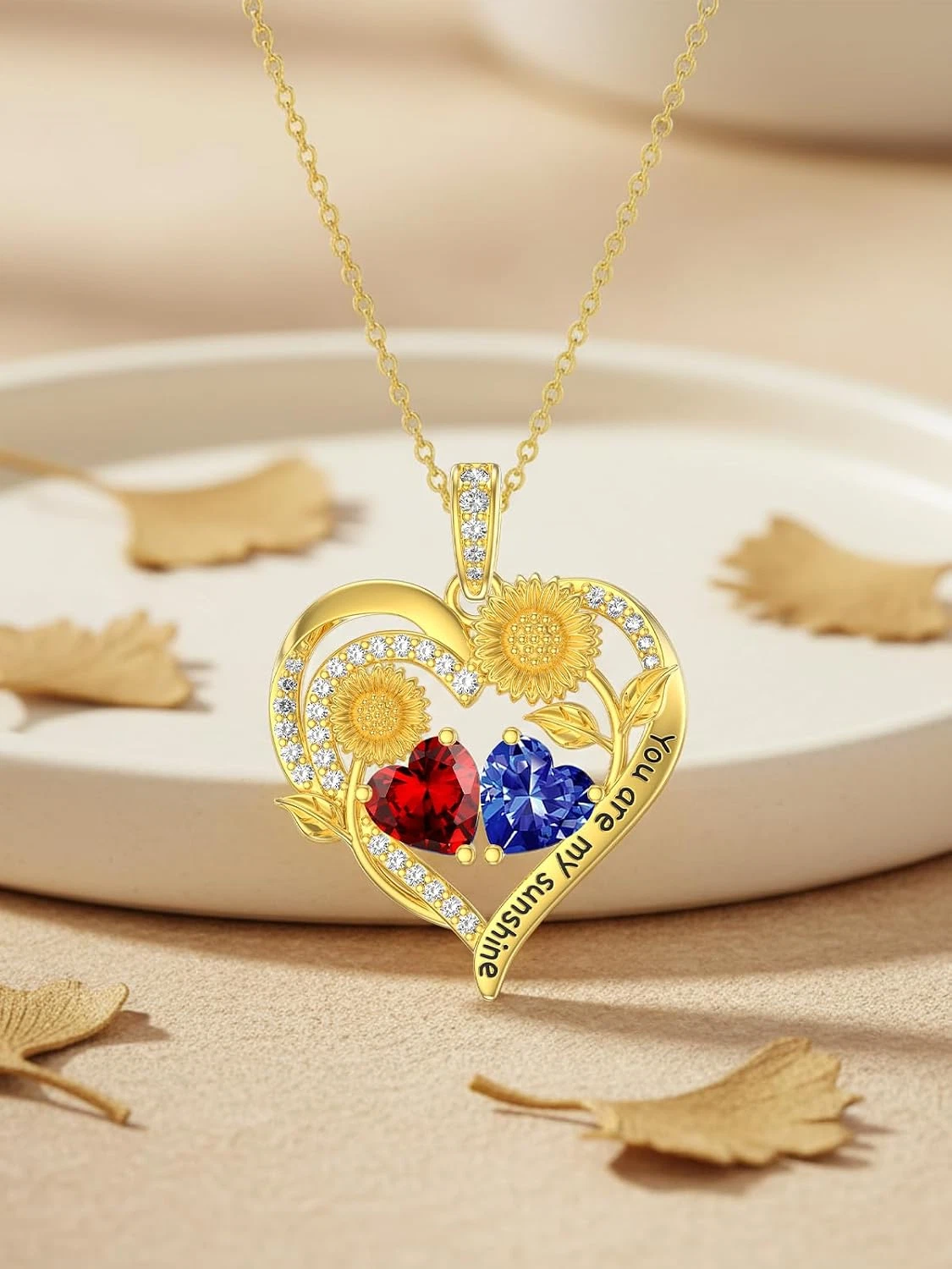 Double Birthstone Necklace 14K Gold Plated You Are My Sunshine Sunflower Necklac - product detail image 3