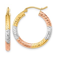 14k Tri-Color Gold Hoop Earrings Women Textured Diamond-Cut Rose White Yellow