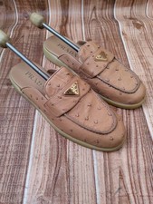 PRADA Ostrich Mules Logo Neutral Brown FLat S...