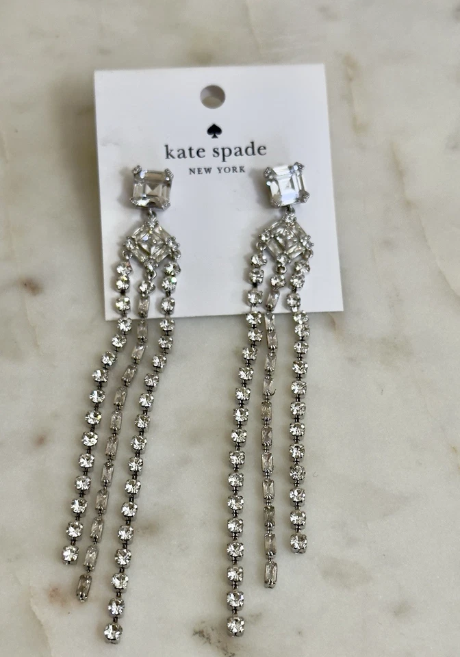 Brincos longos femininos KATE SPADE declaração franja brilhante prata transparente novo com etiquetas - Imagem 3 de 4