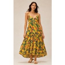 Label of Love Anthropologie Tropical Midi Dress Medium Yellow Floral Rayon Boho