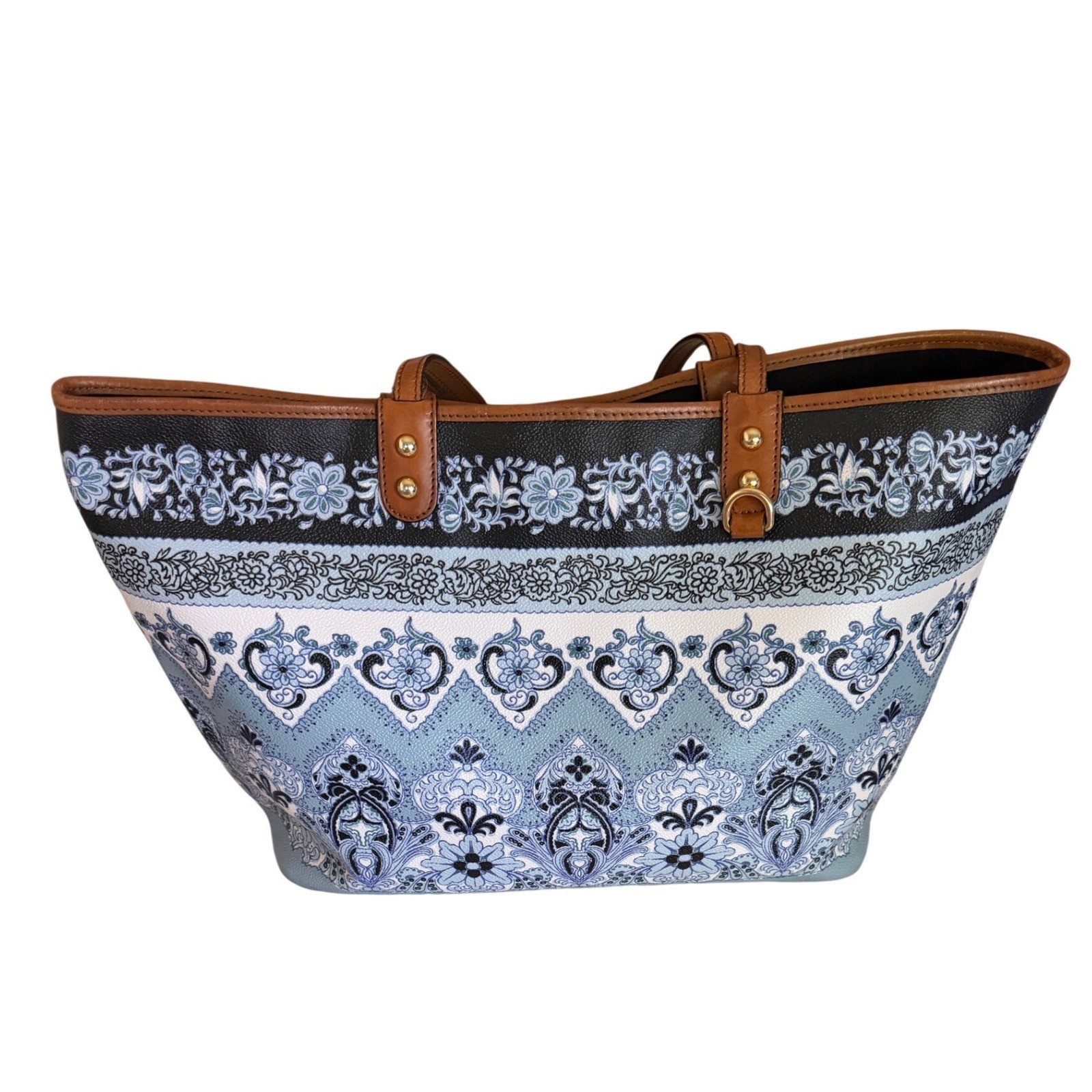 Etro Milano Blue Paisley Print Coated Canvas Tote Bag Leather Trim Made in Italy