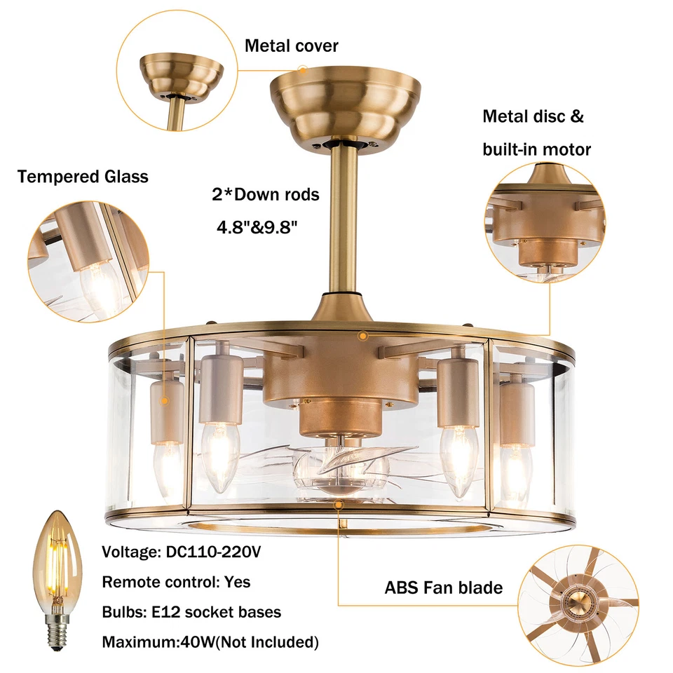 18inch 40W Industrial Indoor Cage Ceiling Fan Chandelier Gold w/ Remote Control - Image 2 of 4