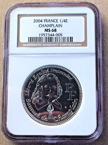 2004 FRANCE  1/4 Euro, Silver Coin Graded - NGC MS68 - Samuel de Champlain RARE