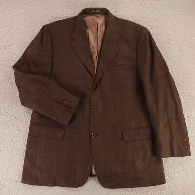 VTG Tweed Jacket XL Brown Window Pane Check 100% Wool Blazer Serge Twill 46R