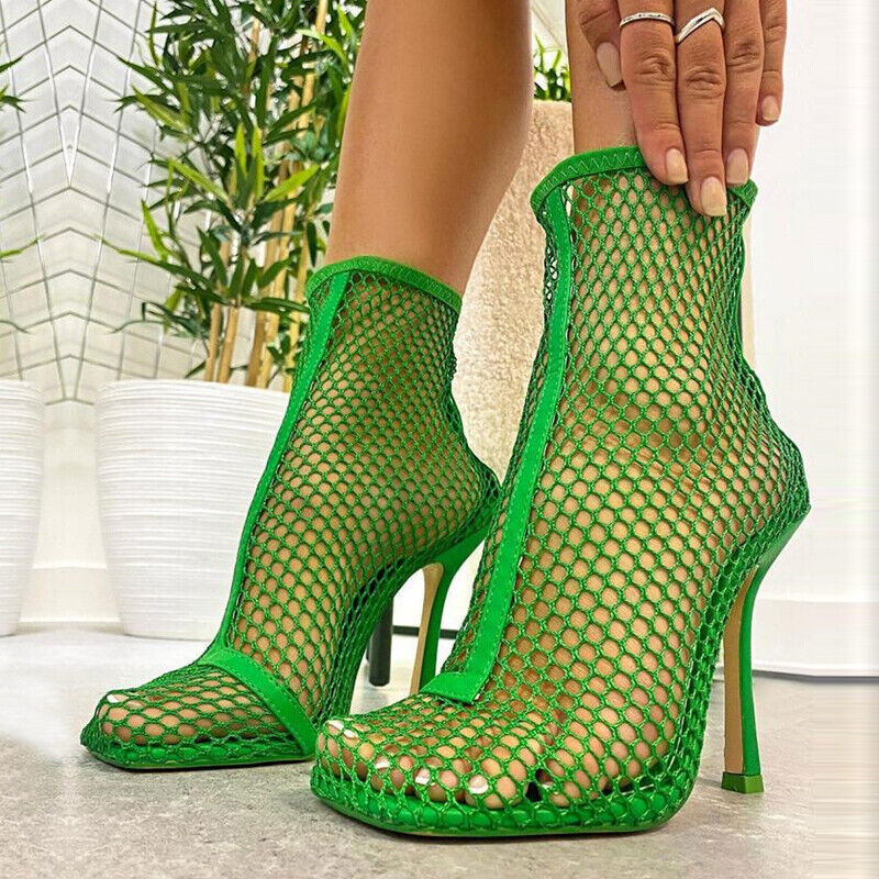 Summer Women Mesh Fishnet Ankle Boots Square Toe Stiletto Heels