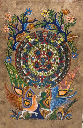 Calendrier aztèque sur papier amateur. Peinture en écorce d'arbre. H23in W.15.5in - Photo 1/1