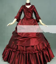 Victorian Bustle Wedding Dresses V-Neck Dark Red Vintage Satin Bridal Ball Gowns