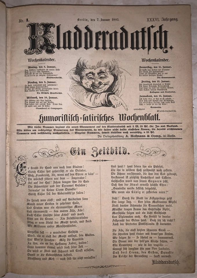 1883, KLADDERADATSCH, WEEKLY GERMAN SATIRICAL MAGAZINE, COMPLETE YEAR IN 1 VOL - Image 2 of 4