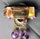 JUDIDIDIT Brooch Vintage Artisan Pin Gold Metal Purple Beads & Rhinestones — photo 3